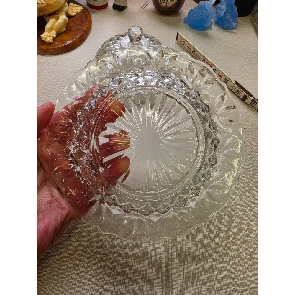 Vintage Clear Pressed Glass Round Butter Dish with Domed Lid Starburst Diamond
